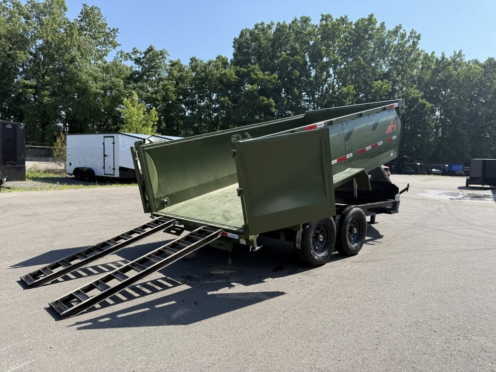 14' LZ7 Dump Trailer 42" Walls - Telescopic Lift - 14K GWVR - Hydraulic Jacks - 3 Way Door - Ramps - Bumper Pull Dump - Dump Trailers - TrailerSwap