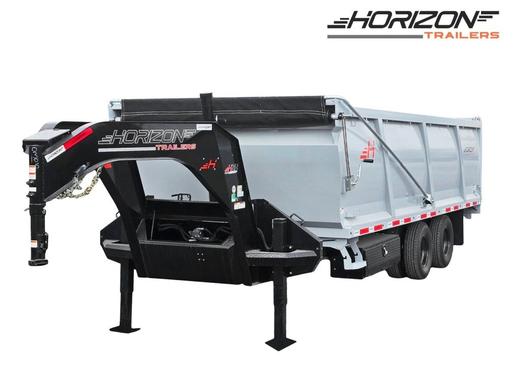 20' HZH GN Dump Trailer w/ 4' Walls (2) 12k Axles, 3-Way Door, Tarp, Hydraulic Jacks - Gooseneck Dump - TrailerSwap