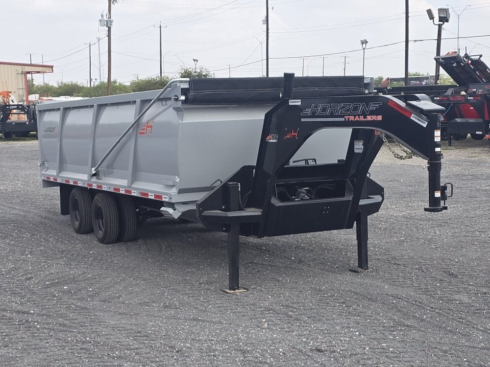 20' HZH GN Dump Trailer w/ 4' Walls (2) 12k Axles, 3-Way Door, Tarp, Hydraulic Jacks - Gooseneck Dump - TrailerSwap