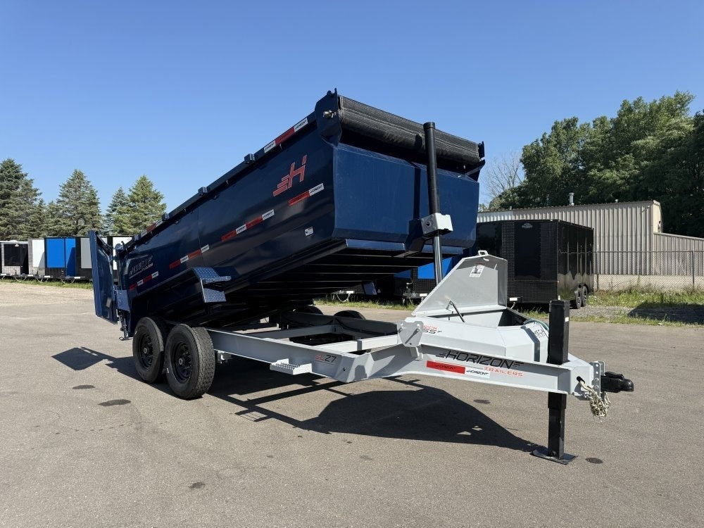 14' LZ7 Dump Trailer 42" Walls - Telescopic Lift - 14K GWVR - Hydraulic Jacks - 3 Way Door - Ramps 10277