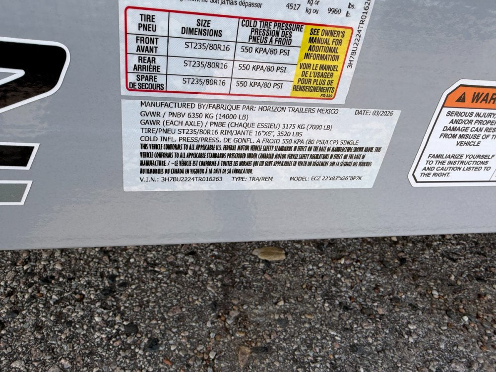 22' Horizon ECZ Bumper Pull Equipment Trailer - (2) 7K Axles 16263