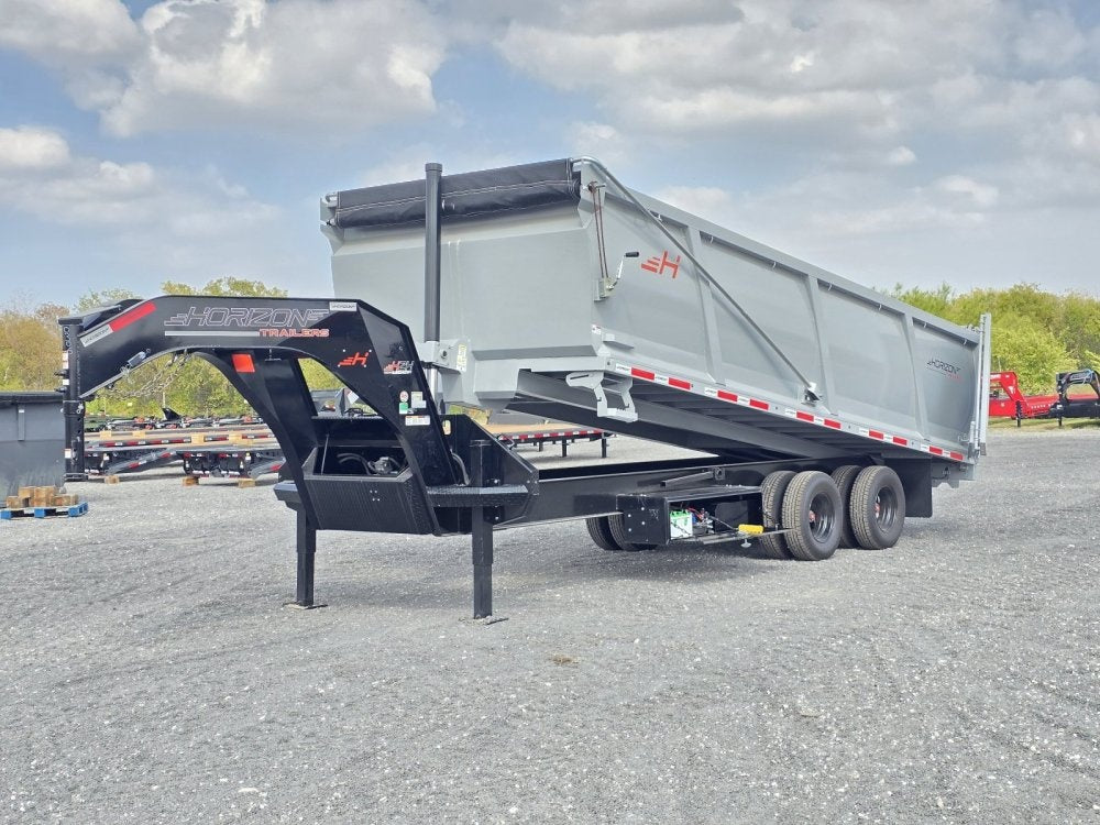 20' HZH GN Dump Trailer w/ 4' Walls (2) 12k Axles, 3-Way Door, Tarp, Hydraulic Jacks - Gooseneck Dump - TrailerSwap