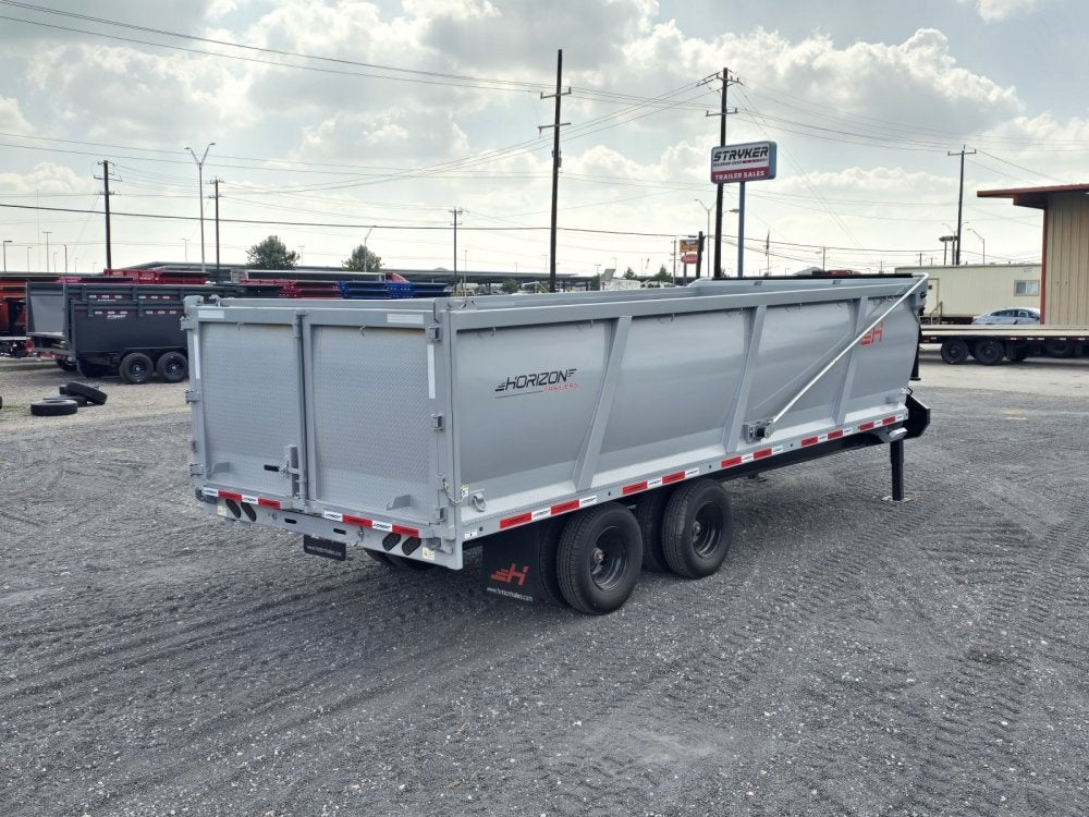 20' HZH GN Dump Trailer w/ 4' Walls (2) 12k Axles, 3-Way Door, Tarp, Hydraulic Jacks - Gooseneck Dump - TrailerSwap