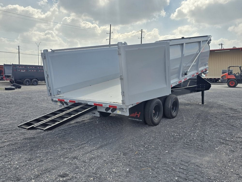 20' HZH GN Dump Trailer w/ 4' Walls (2) 12k Axles, 3-Way Door, Tarp, Hydraulic Jacks - Gooseneck Dump - TrailerSwap