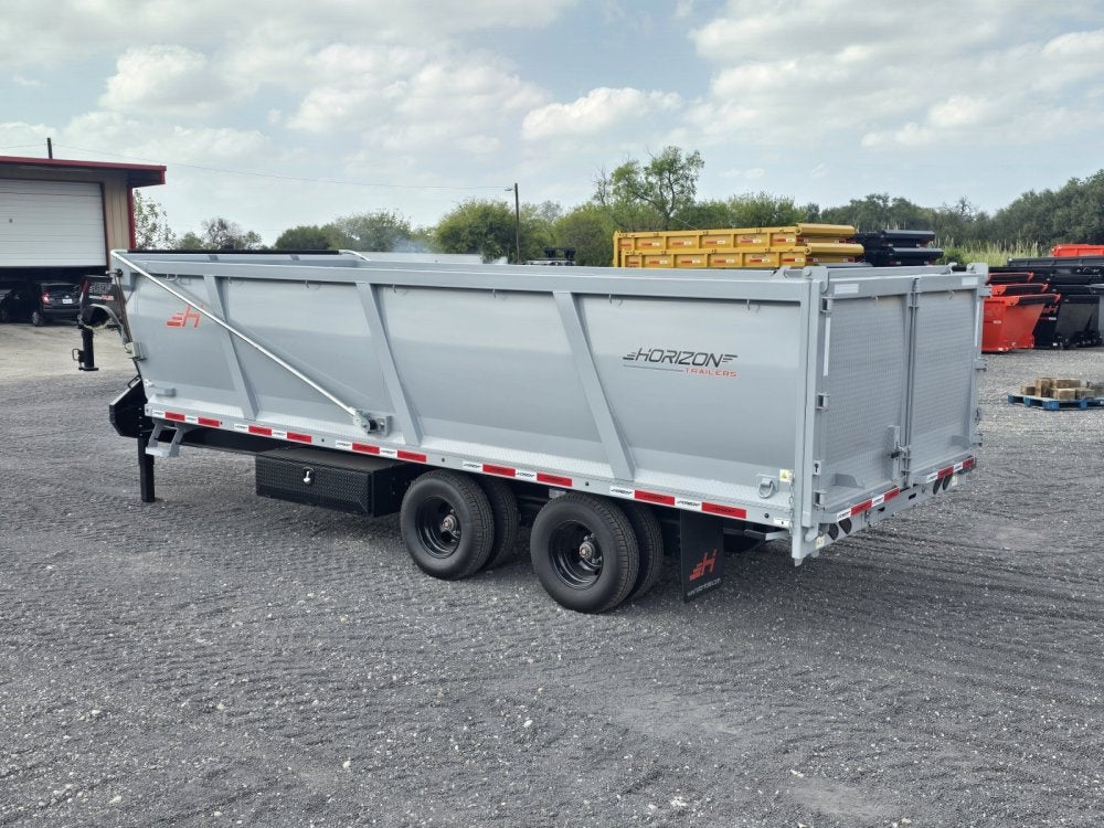 20' HZH GN Dump Trailer w/ 4' Walls (2) 12k Axles, 3-Way Door, Tarp, Hydraulic Jacks - Gooseneck Dump - TrailerSwap