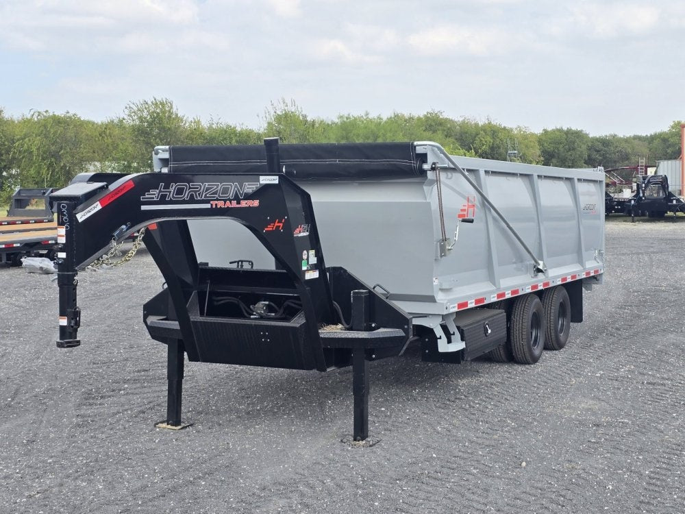 20' HZH GN Dump Trailer w/ 4' Walls (2) 12k Axles, 3-Way Door, Tarp, Hydraulic Jacks - Gooseneck Dump - TrailerSwap