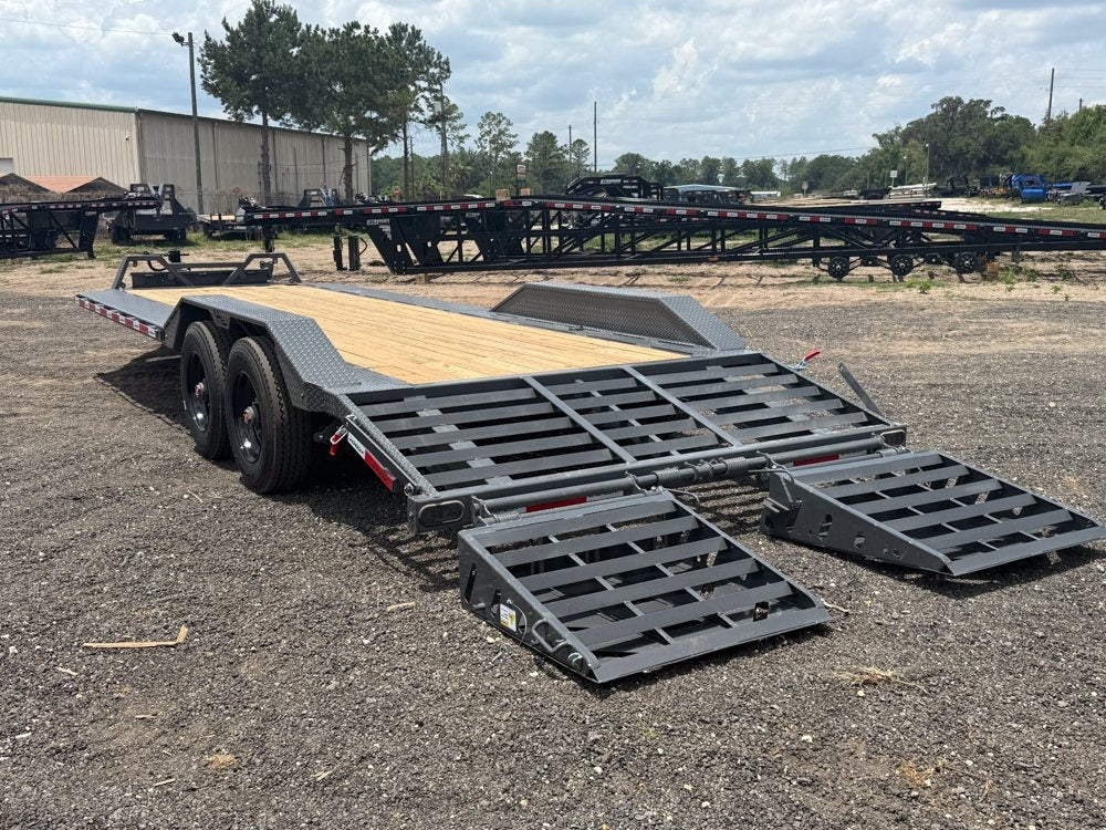 24' HEH Bumper Pull Equipment Trailer (2) 10K Axles, Drive Over Fenders, 3' Dove W/ Mountain Ramps - Low Profile Equipment Trailers - TrailerSwap
