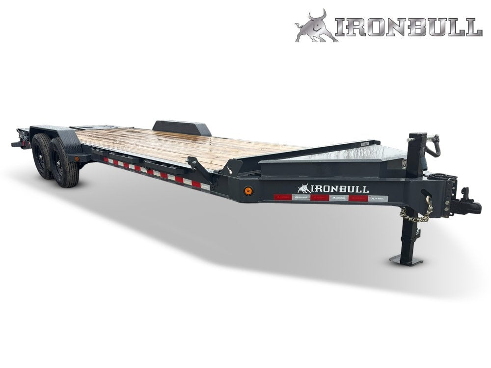 24' Iron Bull EWB Bumper Pull Equipment Trailer Mega Ramps - (2) 7,000 lb Axles - Low Profile Equipment Trailers - TrailerSwap