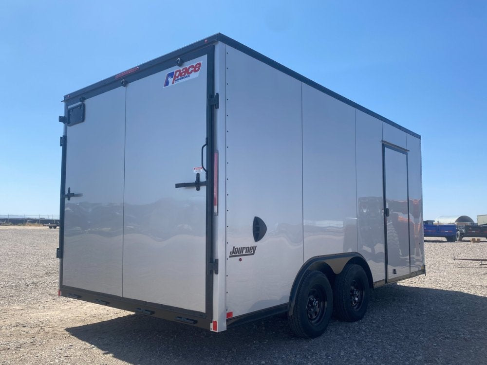 8.5 x 16 Journey SE Flat Top Sloped V Nose Car Hauler (2) 3500 lbs Axles - Enclosed - TrailerSwap