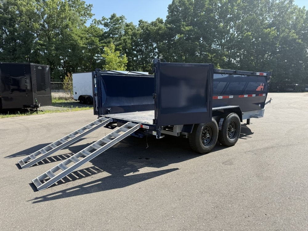 14' LZ7 Dump Trailer 42" Walls - Telescopic Lift - 14K GWVR - Hydraulic Jacks - 3 Way Door - Ramps 10278
