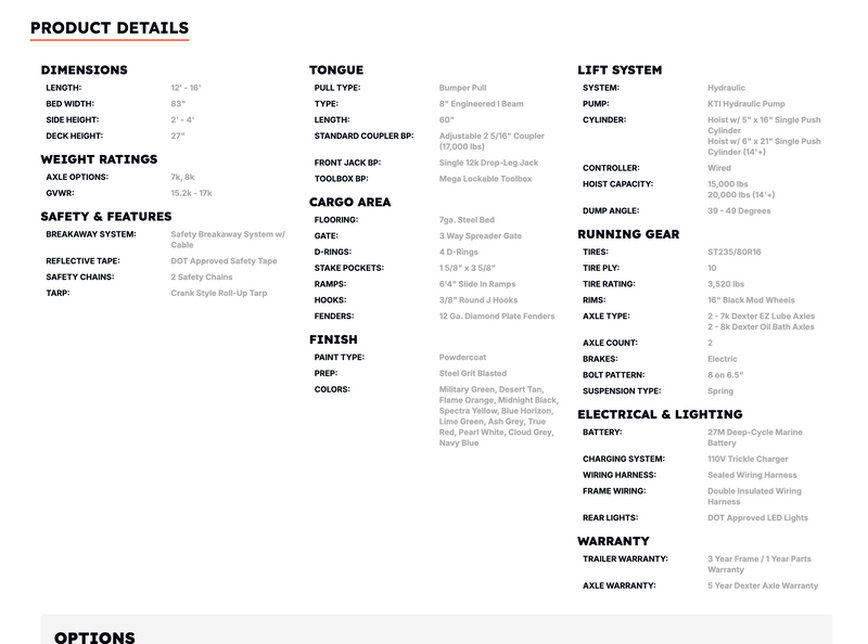 Detailed Specs and Options screenshot